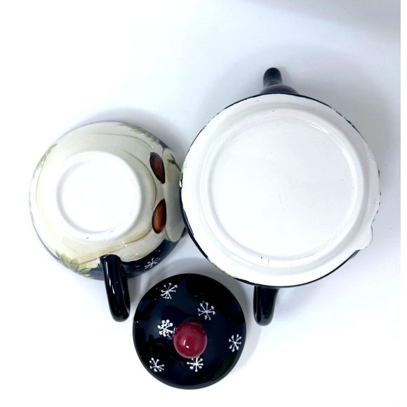 Wongs Ceramic Teapot For One Navy Snowman Snowflakes Pine Trees 3 Pc 20 oz 2006 - Picture 9 of 14